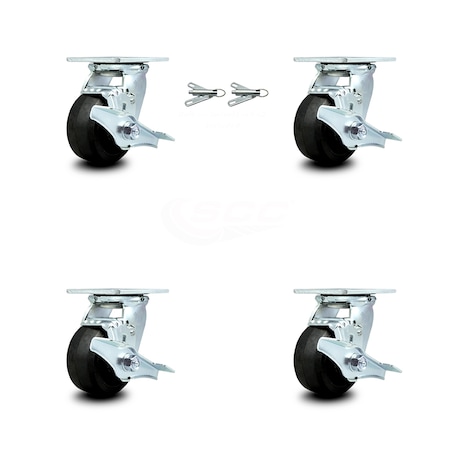 4 Inch Rubber on Steel Caster Set with Ball Bearings 4 Brake 2 Swivel Lock SCC